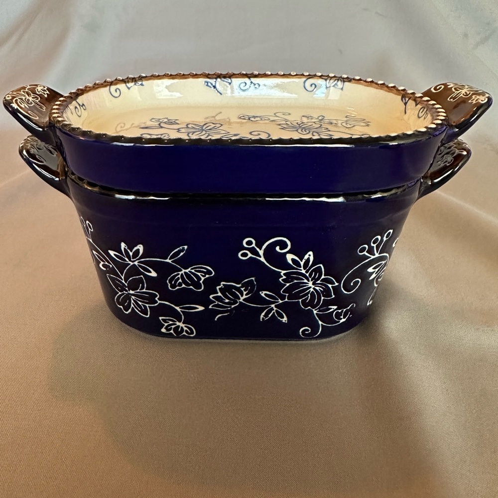 Temptations 10oz Baking Dish - Set of 2 - Floral Lace - Cobalt Blue White Brown - Picture 3 of 10